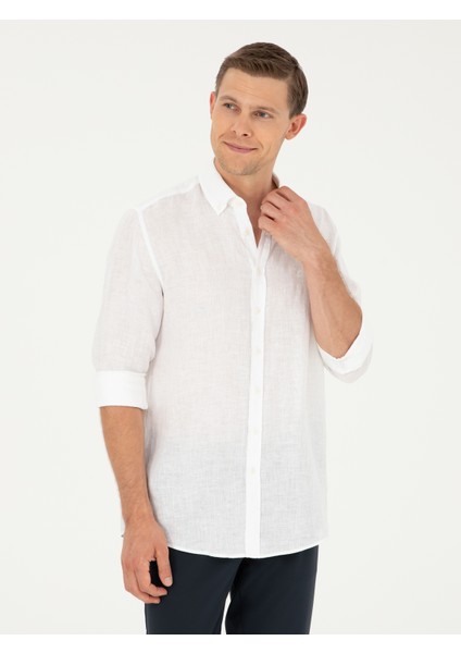 Erkek Beyaz Regular Fit %100 Keten Gömlek 50284823-VR013