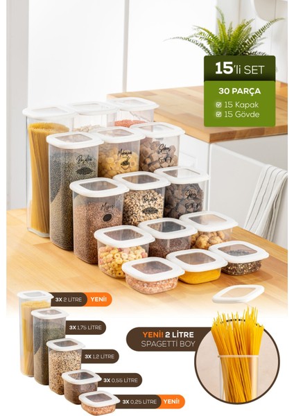 15'li Hava Geçirmez Saklama Kabı Seti, Beyaz, Etiketli, Plastik, 25+ Parça