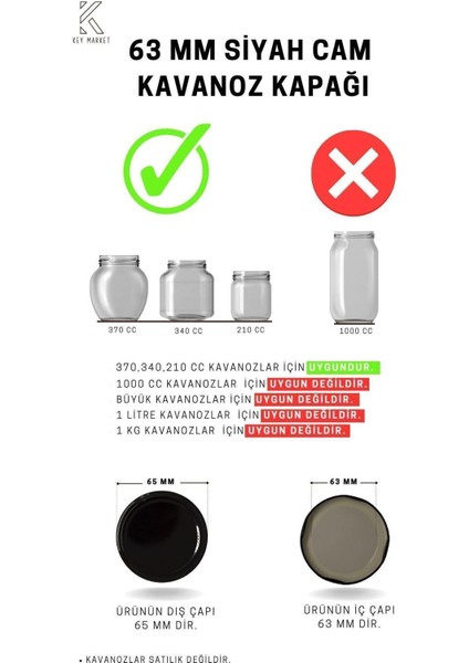 20 adet 63 mm siyah cam kavanoz kapağı, plastik, 340 ml, şık ve dayanıklı set