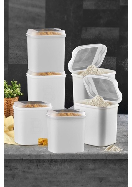 6'lı Beyaz Un ve Bakliyat Kabı, 4,5 Litre, Şık ve Dayanıklı Plastik Tasarım