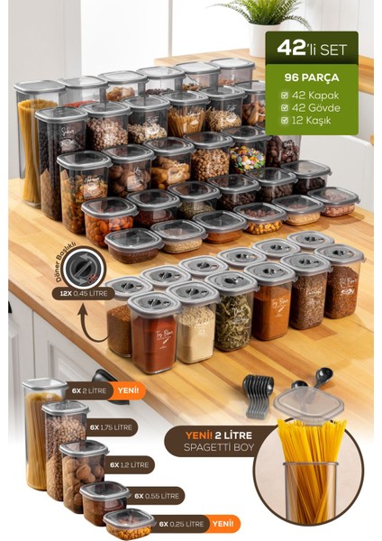 42'li Hava Geçirmez Kapaklı Kaşıklı Saklama Kabı Gri, Plastik, 25+ Parça