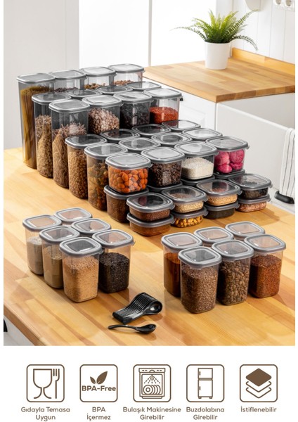 42'li Hava Geçirmez Kapaklı Kaşıklı Saklama Kabı Gri, Plastik, 25+ Parça