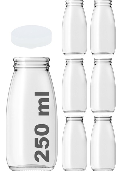 250 ml şeffaf içecek şişesi, 6'lı set, kapaklı, cam ve plastik seçenekli