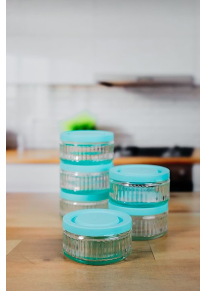 6'lı Hava Geçirmez Cam Kahvaltılık Seti - 140 cc | Turkuaz Kapaklı, Sızdırmaz Saklama Kabı
