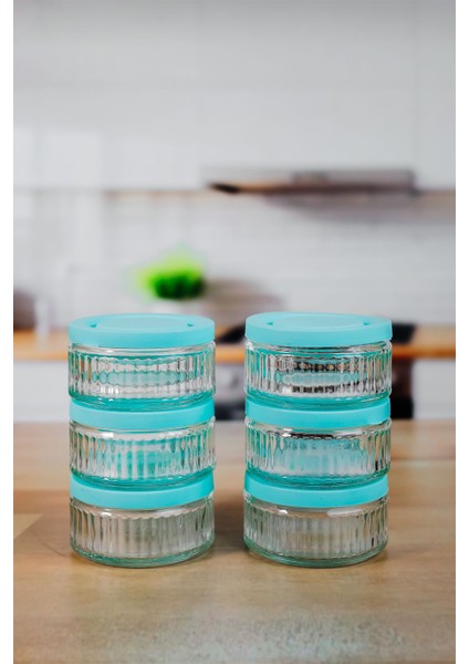 6'lı Hava Geçirmez Cam Kahvaltılık Seti - 140 cc | Turkuaz Kapaklı, Sızdırmaz Saklama Kabı