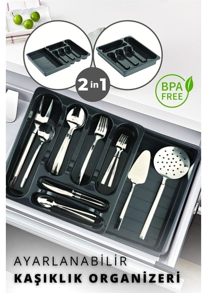 Ayarlanabilir kayar kızaklı çekmece içi organizer, antrasit renk, 35x45 cm