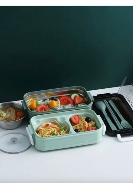 Çok Katlı Paslanmaz Çelik Yemek Kutusu 1400 ml, Yeşil, 4 Parça, Sağlıklı ve Dayanıklı