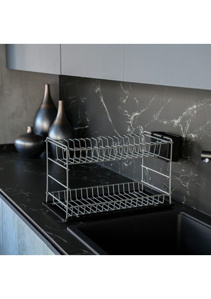 Gri Paslanmaz Metal İki Katlı Modüler Tabaklık, 50 cm, 35x45 ölçü, dayanıklı ve şık tasarım modelleri