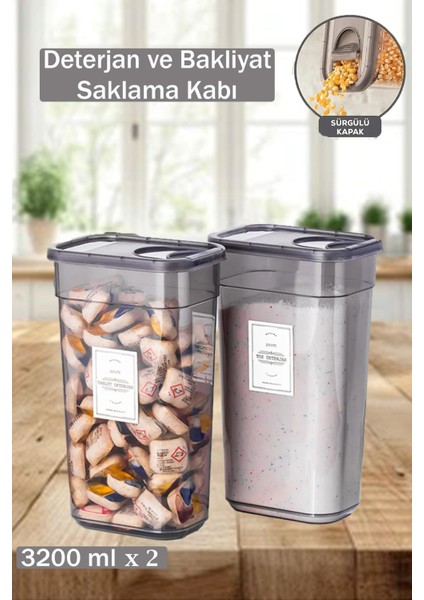 2'li 3.2 Litre Sızdırmaz Deterjan Saklama Kutusu Seti, Gri, Etiketli, Çok Amaçlı, Dayanıklı