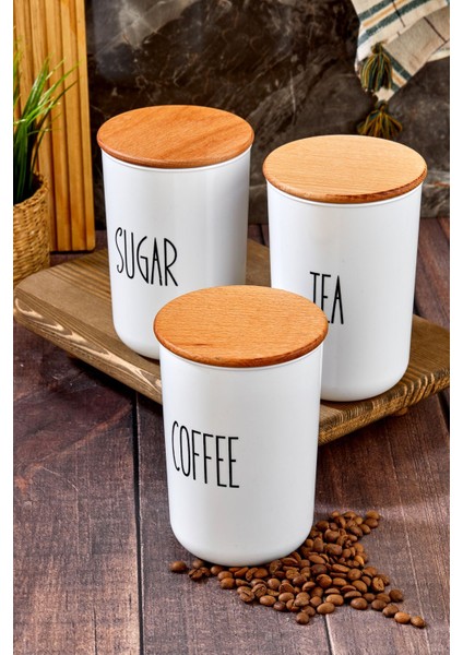 3'lü Ahşap Kapaklı 900ml Akrilik Kavanoz Seti, Çay, Kahve, Şeker Saklama
