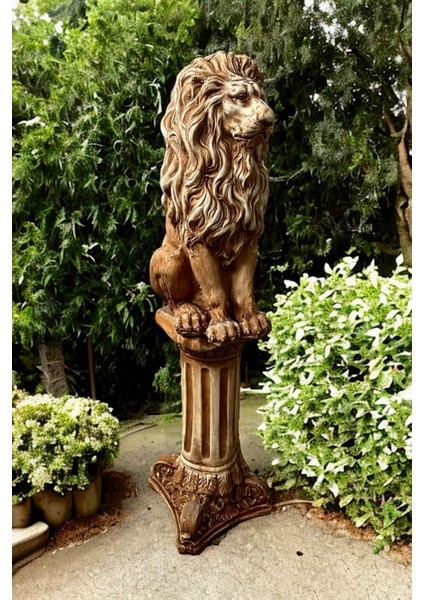 Dekoratif 53CM Kahverengi 2’lı Sütun ve Aslan Set Heykeli Bahçe Dekorasyonu Biblo