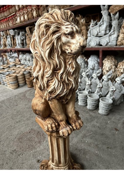Dekoratif 53CM Kahverengi 2’lı Sütun ve Aslan Set Heykeli Bahçe Dekorasyonu Biblo modelleri
