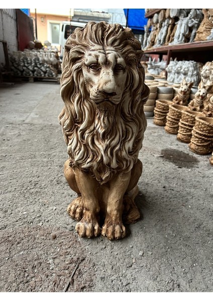 Dekoratif 53CM Kahverengi 2’lı Sütun ve Aslan Set Heykeli Bahçe Dekorasyonu Biblo