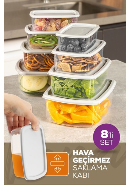 8'li hava geçirmez saklama kabı seti, gri, çeşitli boyutlarda, dayanıklı plastik