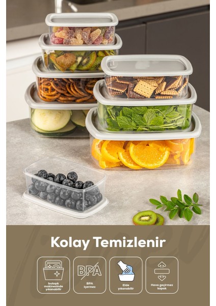 8'li hava geçirmez saklama kabı seti, gri, çeşitli boyutlarda, dayanıklı plastik