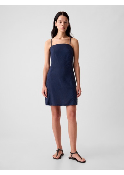 Kadın Koyu Mavi Keten Karışımlı Midi Elbise
