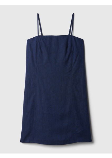 Kadın Koyu Mavi Keten Karışımlı Midi Elbise modelleri