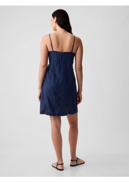 Kadın Koyu Mavi Keten Karışımlı Midi Elbise fırsatları