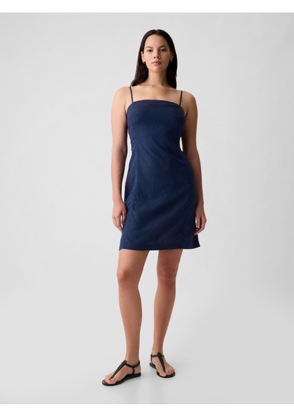 Kadın Koyu Mavi Keten Karışımlı Midi Elbise indirimleri