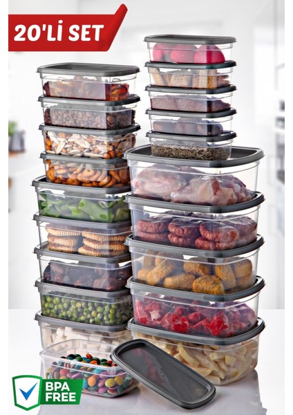 20'li Çok Amaçlı Saklama Kabı Seti, dayanıklı plastik, gri renk, pratik kullanım