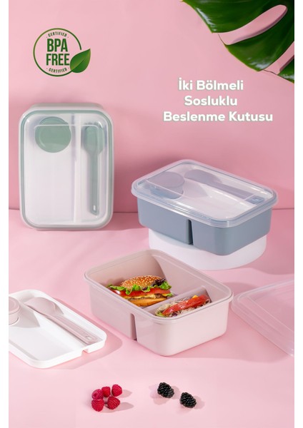Pembe bölmeli taşınabilir beslenme kabı, kaşık ve çatal içerir, hafif ve kullanışlı