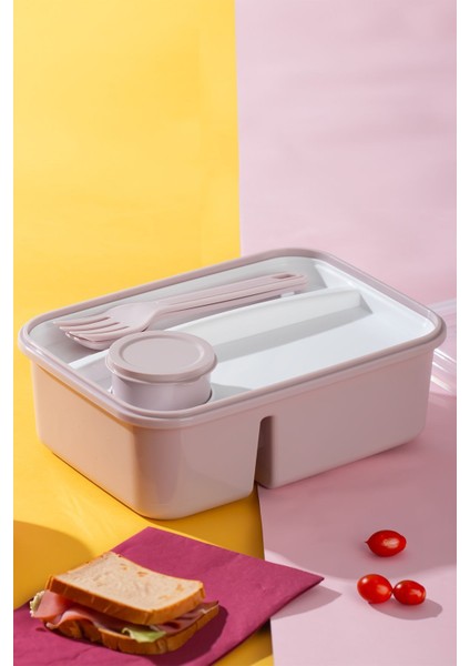 Pembe bölmeli taşınabilir beslenme kabı, kaşık ve çatal içerir, hafif ve kullanışlı modelleri