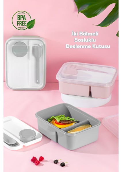 Gri bölmeli taşınabilir beslenme kabı, kaşık ve çatallı, şık ve pratik tasarım