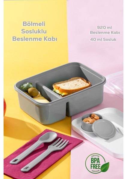 Gri bölmeli taşınabilir beslenme kabı, kaşık ve çatallı, şık ve pratik tasarım fiyatları