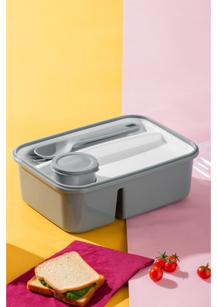 Gri bölmeli taşınabilir beslenme kabı, kaşık ve çatallı, şık ve pratik tasarım modelleri