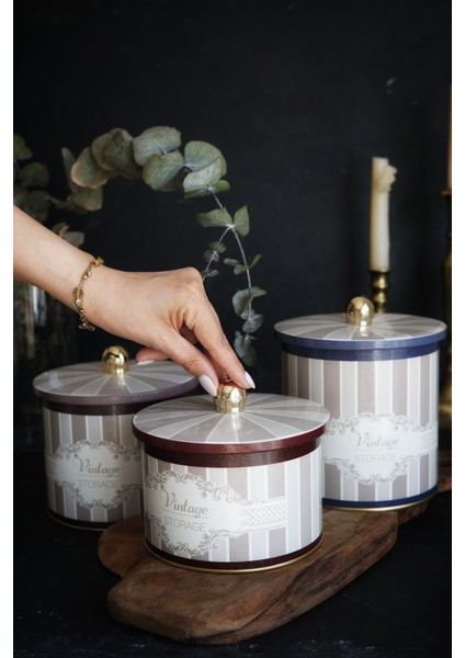 Şık Yuvarlak Metal Kutu Seti 3'lü, Topuz Kulp, Modern Tasarım, Kahverengi, 0-3 L