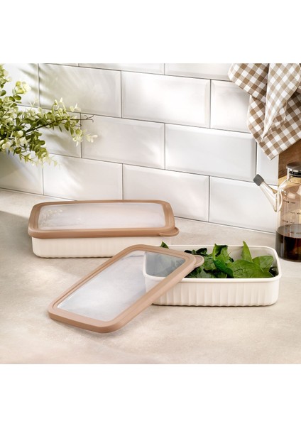 2'li Dikdörtgen Saklama Kabı, Krem, Pratik ve Şık, 1-1,99 L, Plastik, 4 Parça