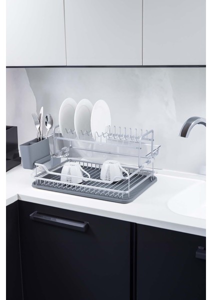 2 katlı gri paslanmaz çelik tabaklık, lavabo üstü modern düzenleme