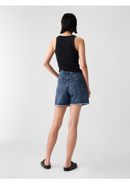 Kadın Mavi Vintage Midi Denim Şort