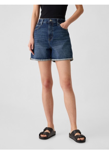 Kadın Mavi Vintage Midi Denim Şort