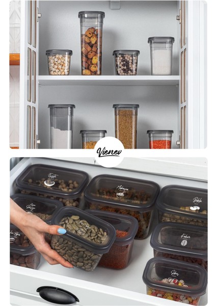 Beyaz serigrafili 10'lu dikdörtgen saklama kabı seti, 5x(1500-1150 ml), antrasit, plastik