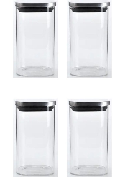 Kare Cam Kavanoz Seti, Vakum Krom Kapak, 350 ml, Saklama ve Baharatlık, 4'lü Hacim