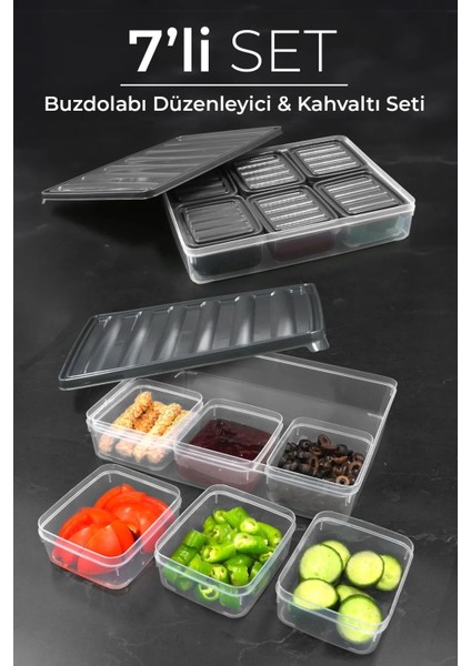 14 Parça 6 Bölmeli Kapaklı Kahvaltılık ve Saklama Seti, Gri, Tepsili, Plastik, 4 Parça