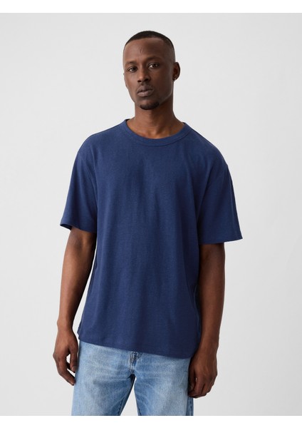 Erkek Koyu Mavi Keten Karışımlı T-Shirt