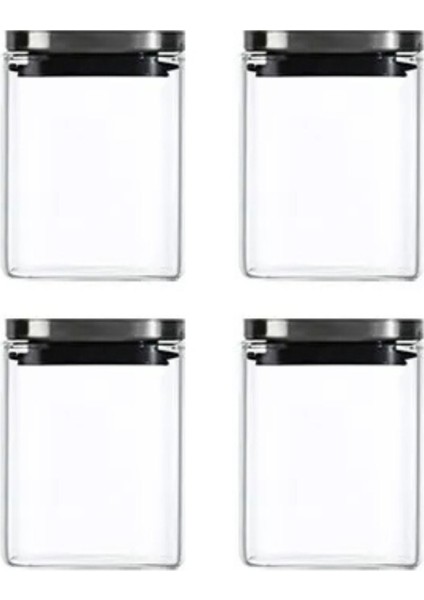 Kare Cam Kavanoz Seti, Vakum Krom Kapak, 8x8x10 cm, 4'lü, 500 ml, Metalik Renk