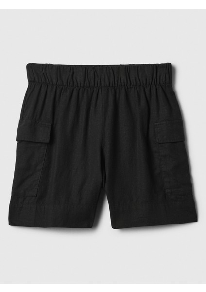 Kadın Siyah Keten Karışımlı Pull-On Kargo Şort modelleri
