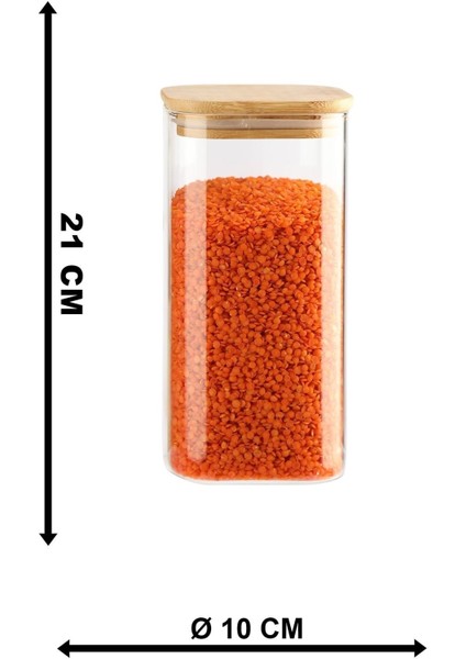3'lü Kare Cam Kavanoz, Bambu Kapaklı, 1,5 L, Turuncu, Şeffaf, Lüks, Vakumlu