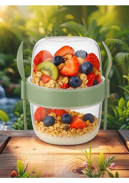 Kapaklı 800 ml Saklama Kabı, Meyve, Yoğurt, Salata, Müsli, Çatal ve Kaşıklı, Yeşil, 2'li