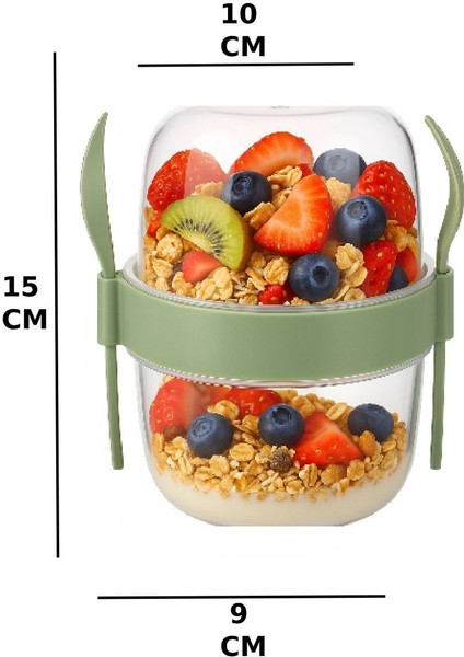 Kapaklı 800 ml Saklama Kabı, Meyve, Yoğurt, Salata, Müsli, Çatal ve Kaşıklı, Yeşil, 2'li