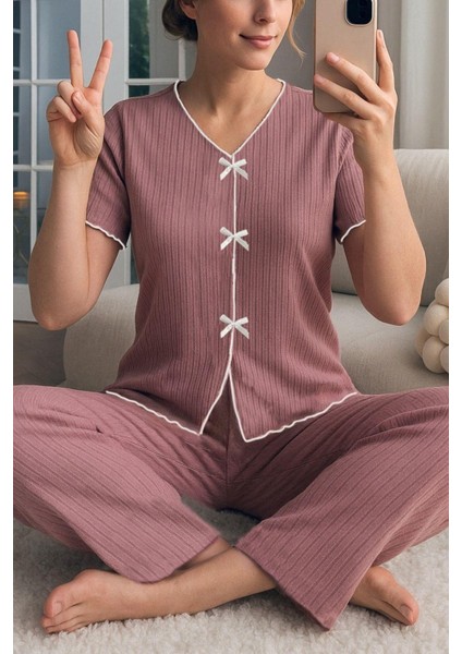 Gül Kurusu Fiyonklu V Yaka Yazlık Pijama Takımı 7315