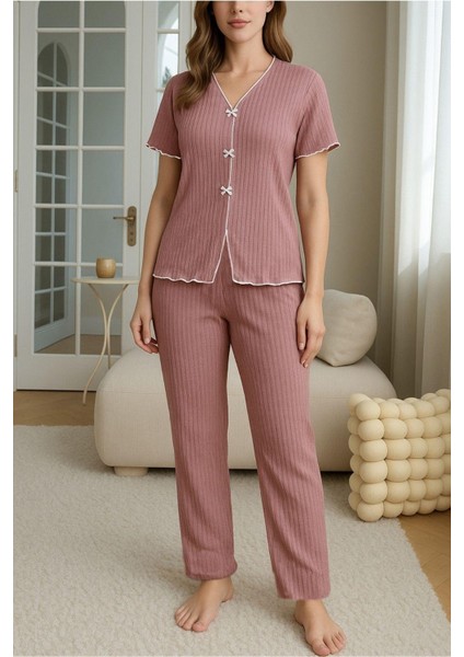 Gül Kurusu Fiyonklu V Yaka Yazlık Pijama Takımı 7315