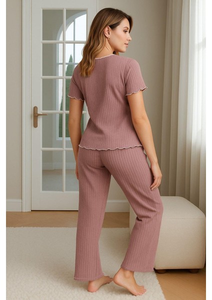 Gül Kurusu Fiyonklu V Yaka Yazlık Pijama Takımı 7315