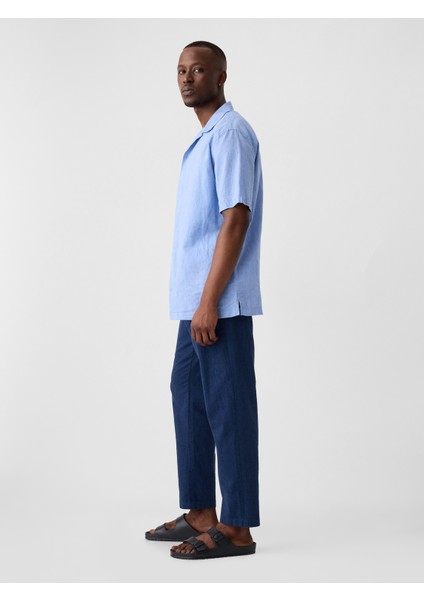 Erkek Koyu Mavi Keten Karışımlı Straight Utiliyt Easy Pantolon