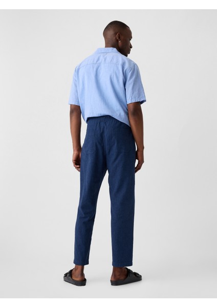 Erkek Koyu Mavi Keten Karışımlı Straight Utiliyt Easy Pantolon