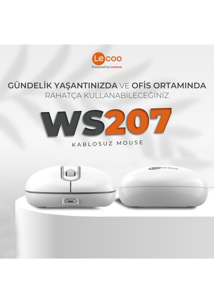 Lenovo WS207 Şarj Edilebilir Kablosuz 1600DPI 4 Tuşlu Sessiz Kompakt Optik Mouse