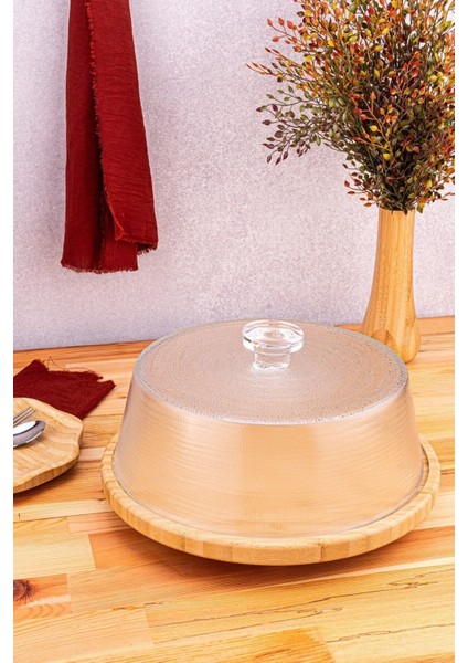 Bambu Kek Fanusu, Cam Kapak, 30 cm, Şık ve Kullanışlı Mutfak Gereci, 2 Parça